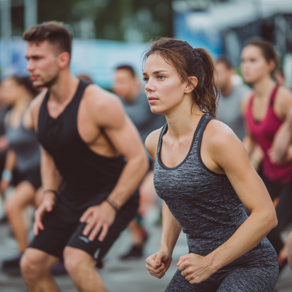 Група людей різного віку виконують функціональні вправи у сучасному фітнес-залі з посмішками на обличчях
